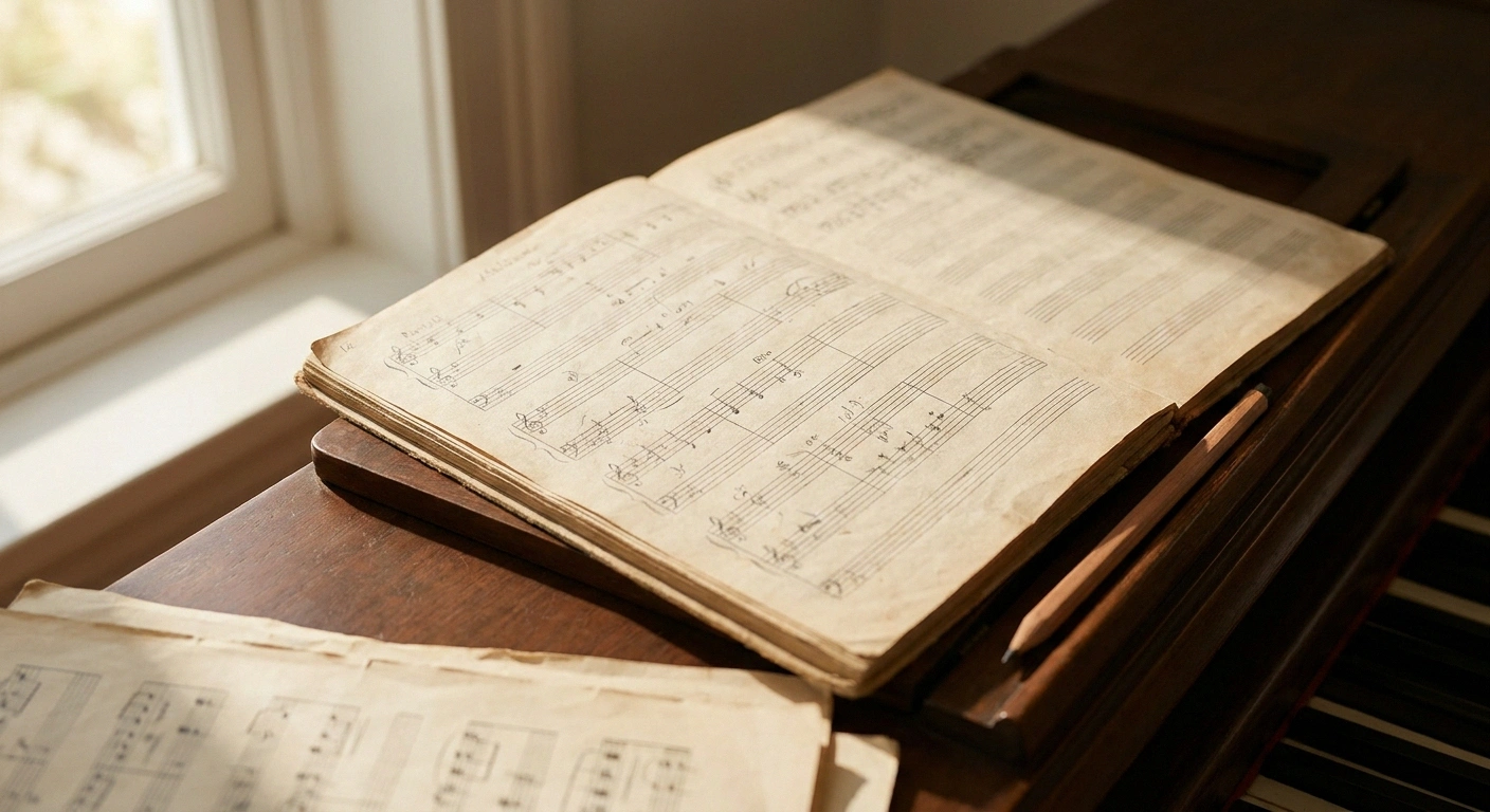 Music notebook with practice notes resting on a piano for tracking pieces that work