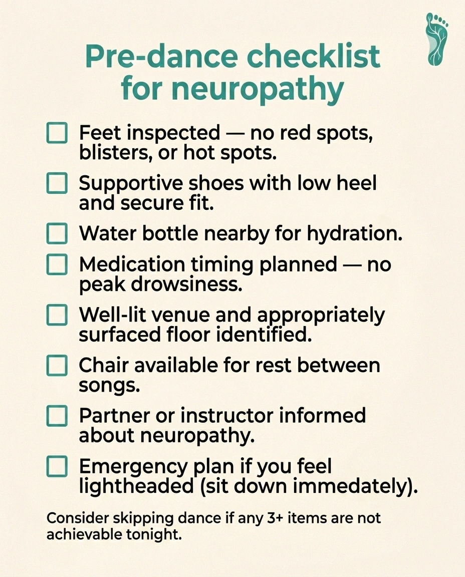 Portrait checklist infographic showing eight pre-dance preparation items for people with neuropathy, from foot inspection to emergency plan.