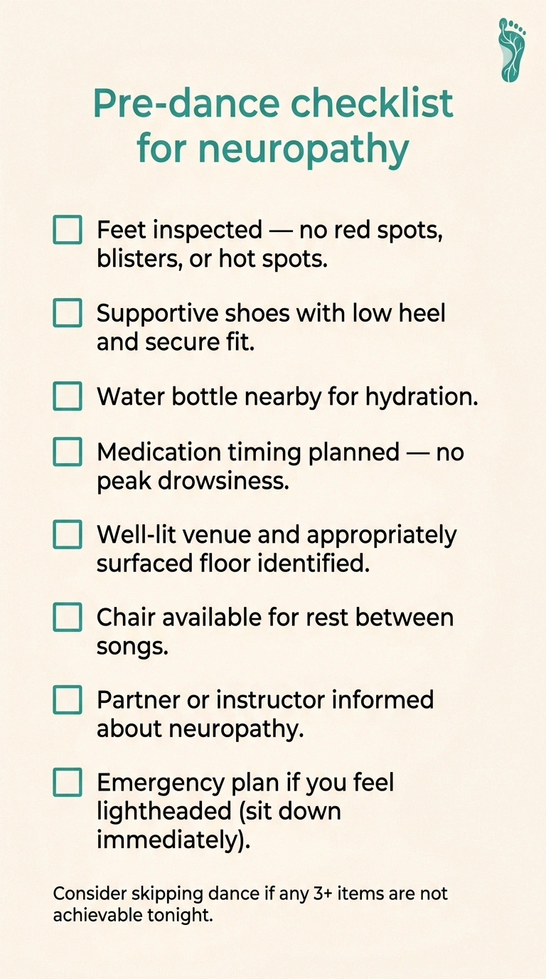 Portrait checklist infographic showing eight pre-dance preparation items for people with neuropathy, from foot inspection to emergency plan.