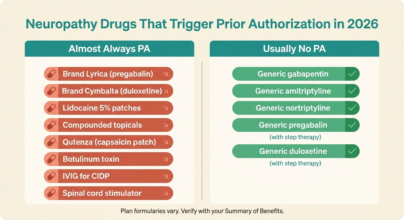 An infographic pairing common neuropathy drugs by whether they typically require prior authorization in 2026, with brand-name drugs and specialty therapies on the PA side.