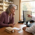 A woman in her mid-60s at a pharmacy counter listens to a pharmacist explain a pending prior authorization on her neuropathy prescription.
