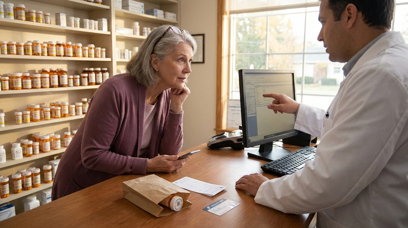 A woman in her mid-60s at a pharmacy counter listens to a pharmacist explain a pending prior authorization on her neuropathy prescription.