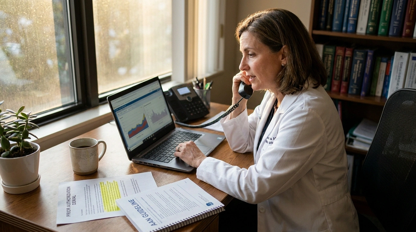 A physician on the phone at her desk conducting a peer-to-peer review with a plan medical director, prior authorization documents in front of her.