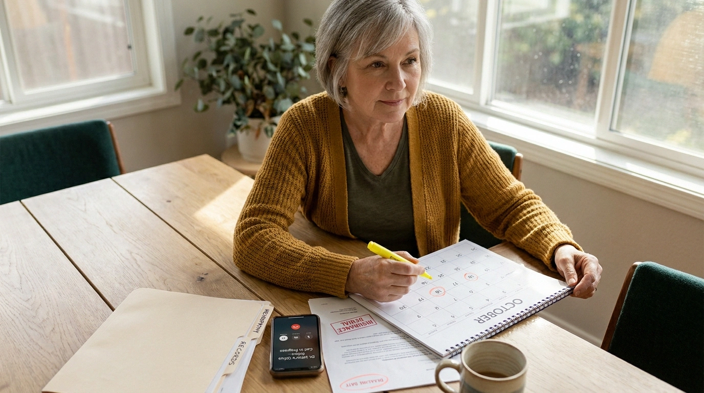A woman highlights an appeal deadline on her calendar while calling her doctor's office within 48 hours of receiving a neuropathy medication prior-authorization denial.