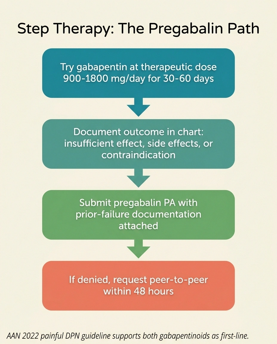 A horizontal flow infographic showing the four-step therapy sequence from gabapentin trial through documentation to pregabalin prior authorization to peer-to-peer if denied.