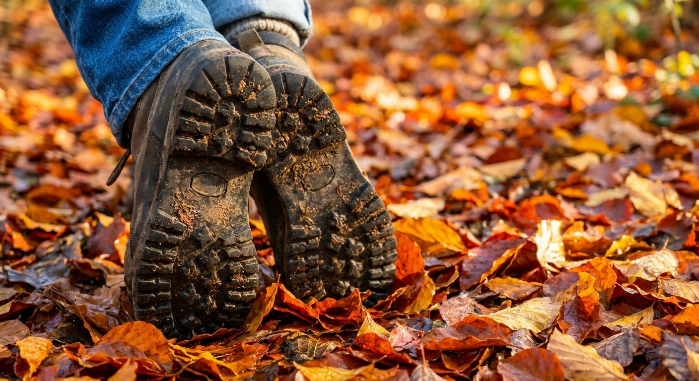 A close-up of a deep-lug-sole boot standing on a bed of wet autumn leaves — the boot tread that keeps you upright on slippery leaves with neuropathy.