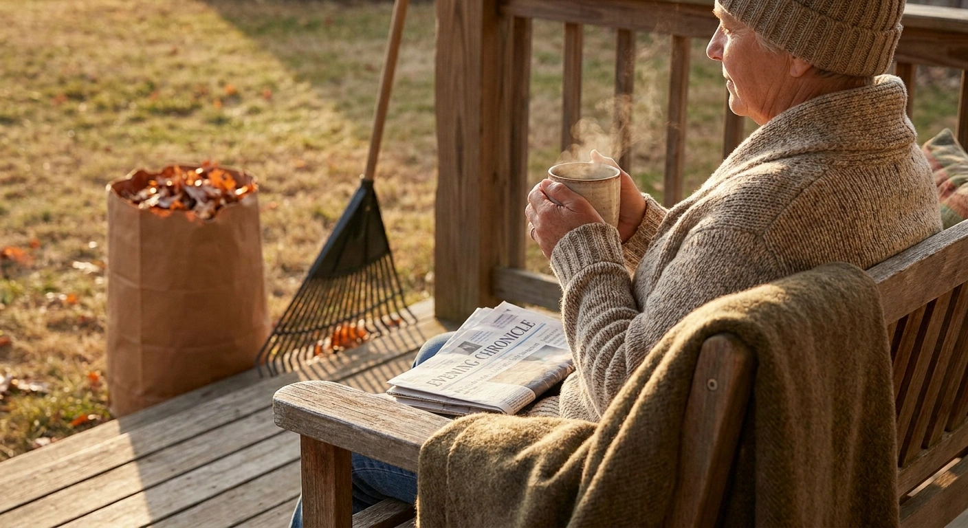 An older adult sits on a porch bench with a warm mug of tea and a rake leaning nearby — a proper mid-session break during fall yard work with neuropathy.