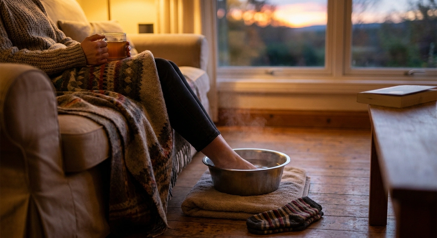 A person soaks a foot in a basin of warm water beside a mug of tea and a wool blanket after a fall yard-work session — the recovery ritual that prevents a next-day flare with neuropathy.