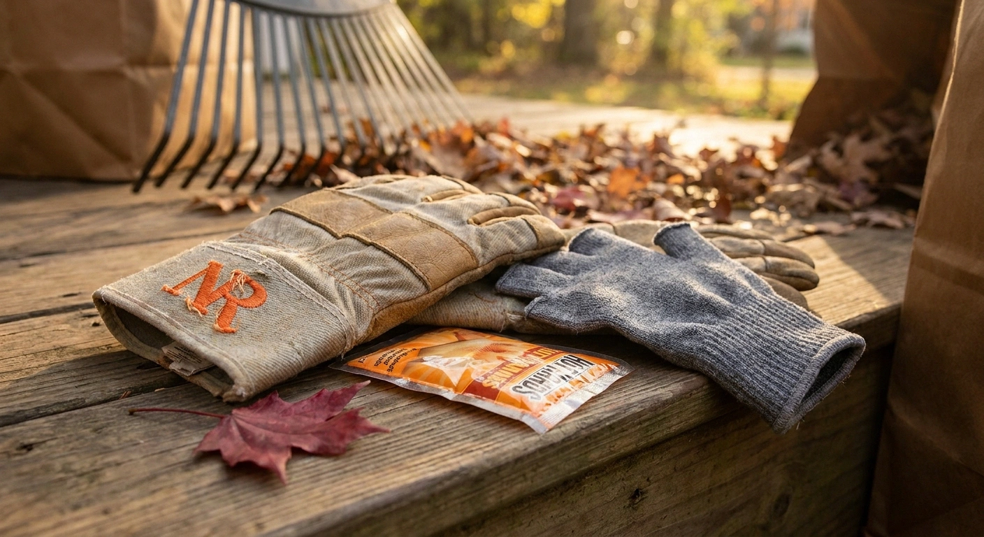 A close-up of padded leather-palm gardening gloves, a fingerless compression glove, and a hand-warmer packet on a porch step — the fall yard-work hand kit for neuropathy.