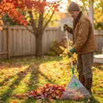 An older adult in work boots and padded gardening gloves rakes leaves in a warm autumn backyard with a lightweight ergonomic rake — fall yard work adapted for neuropathy.