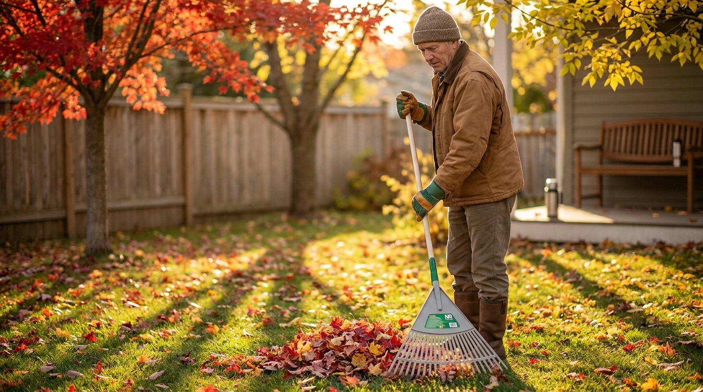 An older adult in work boots and padded gardening gloves rakes leaves in a warm autumn backyard with a lightweight ergonomic rake — fall yard work adapted for neuropathy.