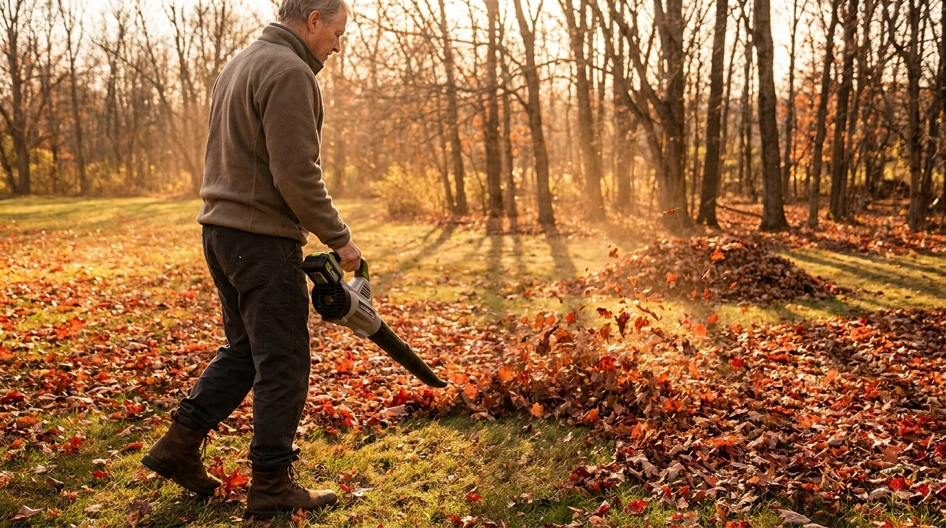 An older adult uses an electric leaf blower to windrow leaves across a sunlit yard — the tool swap that saves shoulders and hands during fall cleanup with neuropathy.