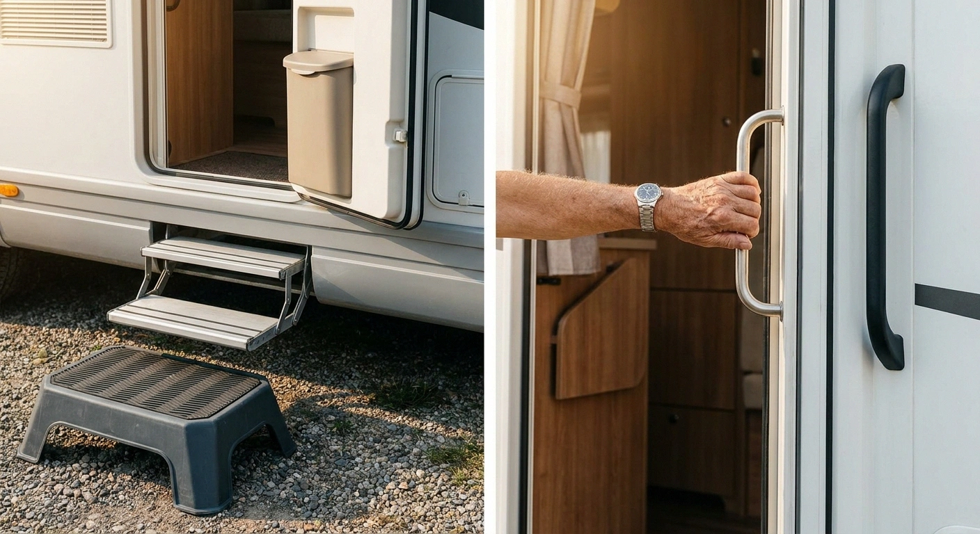 RV entry with added step stool and second grab handle for safer step-up with neuropathy