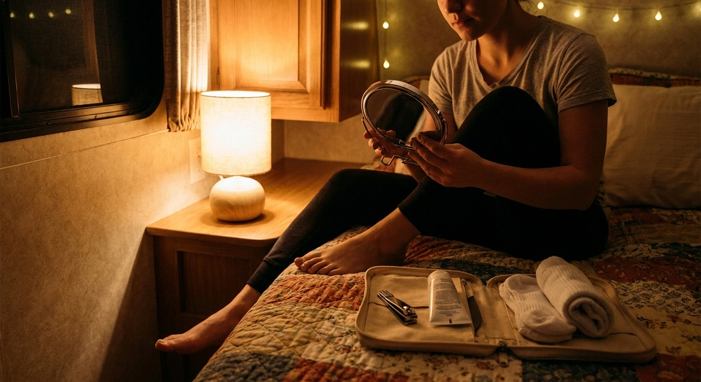 Person doing the two-minute nightly foot check inside an RV, with a hand mirror and foot care kit