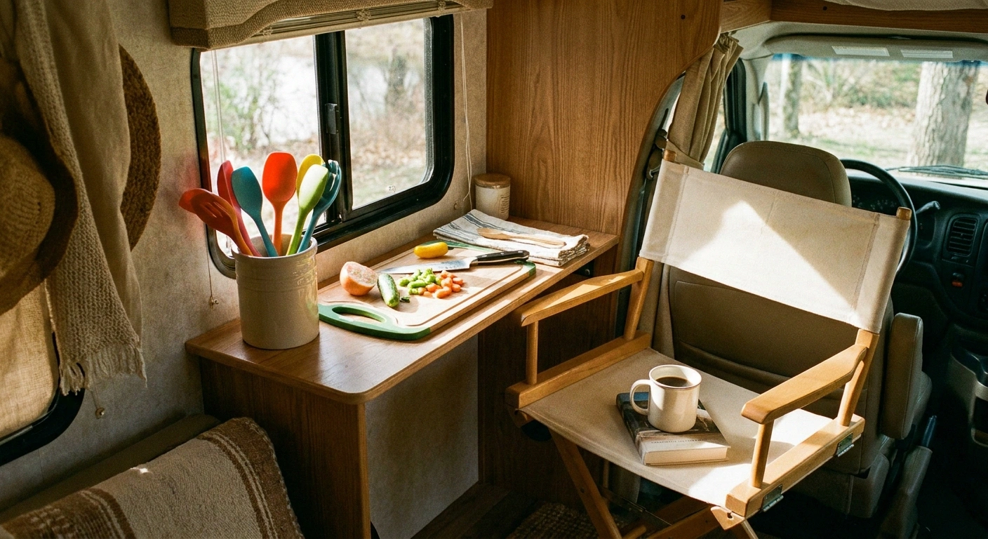 RV galley kitchen with adaptive silicone utensils, grip cutting board, and folding chair for seated prep