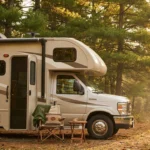 Class C motorhome at a wooded campsite with a comfortable camp chair set up beside it
