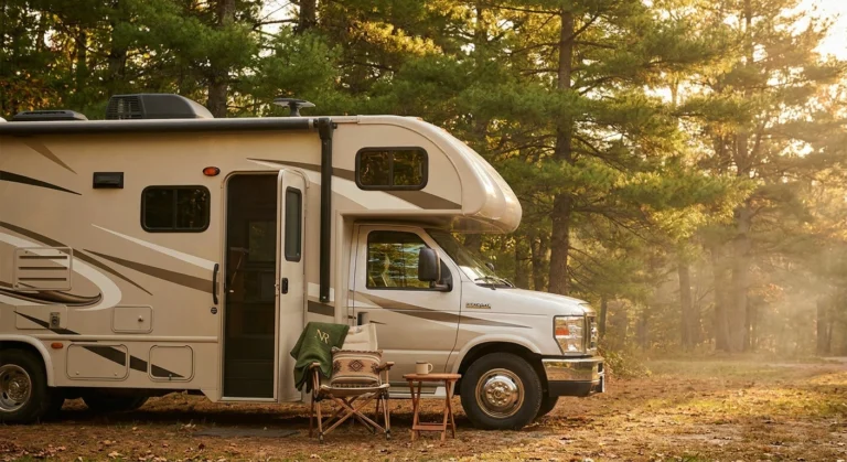 Class C motorhome at a wooded campsite with a comfortable camp chair set up beside it