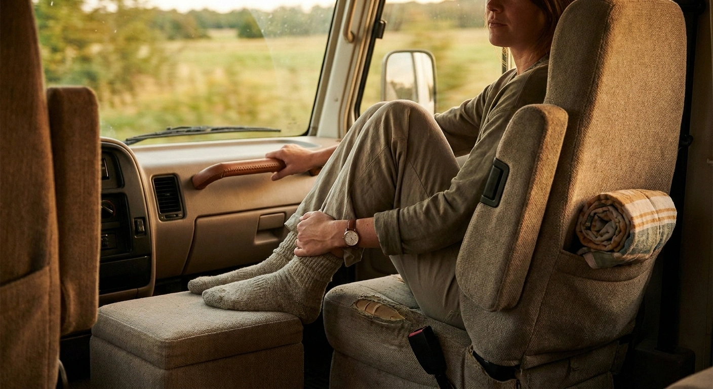 RV passenger seat with a footrest and rolled-towel lumbar support for long-haul comfort