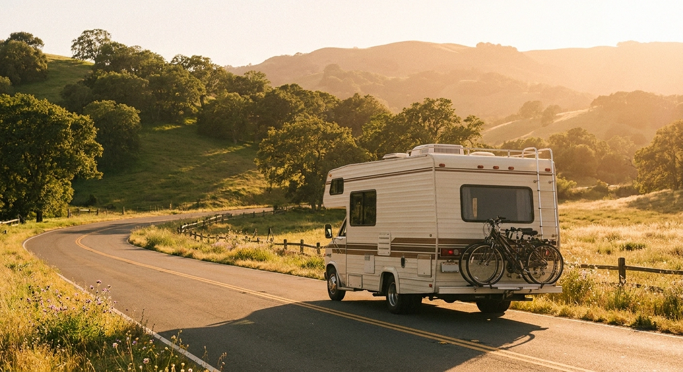 Class C motorhome driving a scenic two-lane road at golden hour with rolling hills in the background