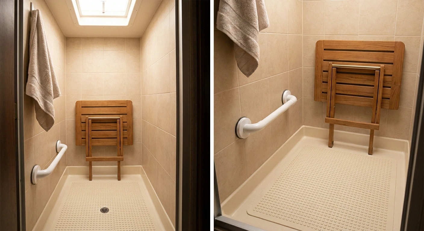 RV shower stall with suction-cup grab bar, non-slip mat, and folding shower seat