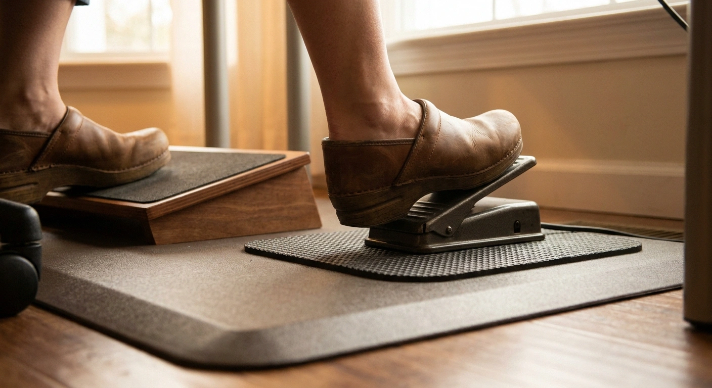 Close-up of closed-toe shoe on a sewing machine foot pedal sitting on a non-slip pad with the non-pedal foot supported by an angled footrest on an anti-fatigue mat