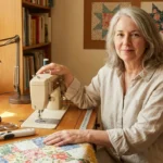 Woman in her 60s sewing calmly at a sunlit home table with ergonomic adaptive tools and a rotary cutter with safety lock in reach