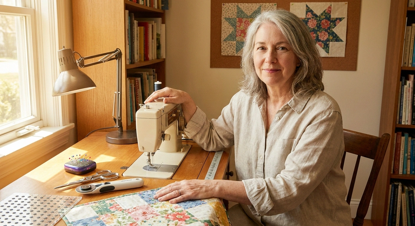 Woman in her 60s sewing calmly at a sunlit home table with ergonomic adaptive tools and a rotary cutter with safety lock in reach