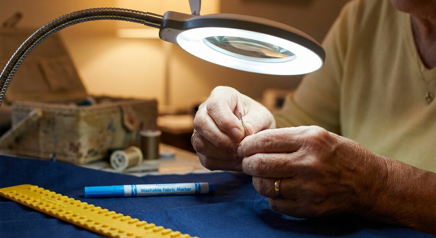 Older hands threading a self-threading V-slot needle under a magnifying LED task lamp with a contrast fabric marker and tactile ruler visible in frame