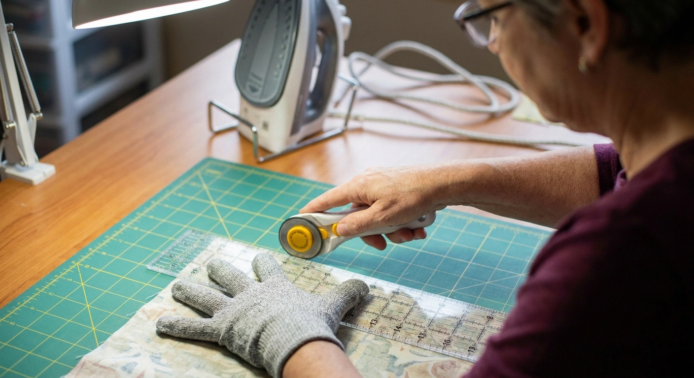 Close-up of gloved hands making a safe rotary cutter cut with fingers well behind the ruler edge and blade lock engaged, iron resting upright in background