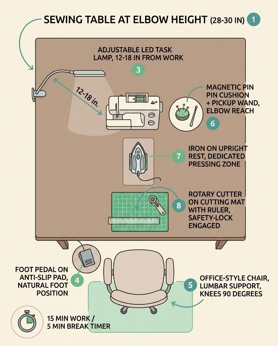 Illustrated top-down diagram of a neuropathy-friendly sewing station with numbered callouts for chair, table height, task lamp, foot pedal, iron rest, and 15/5 pacing timer