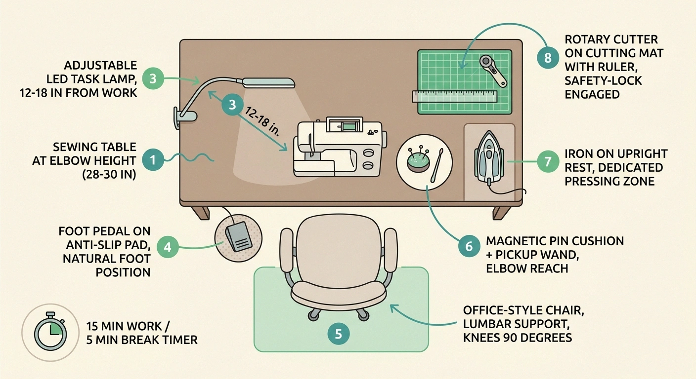Illustrated top-down diagram of a neuropathy-friendly sewing station with numbered callouts for chair, table height, task lamp, foot pedal, iron rest, and 15/5 pacing timer
