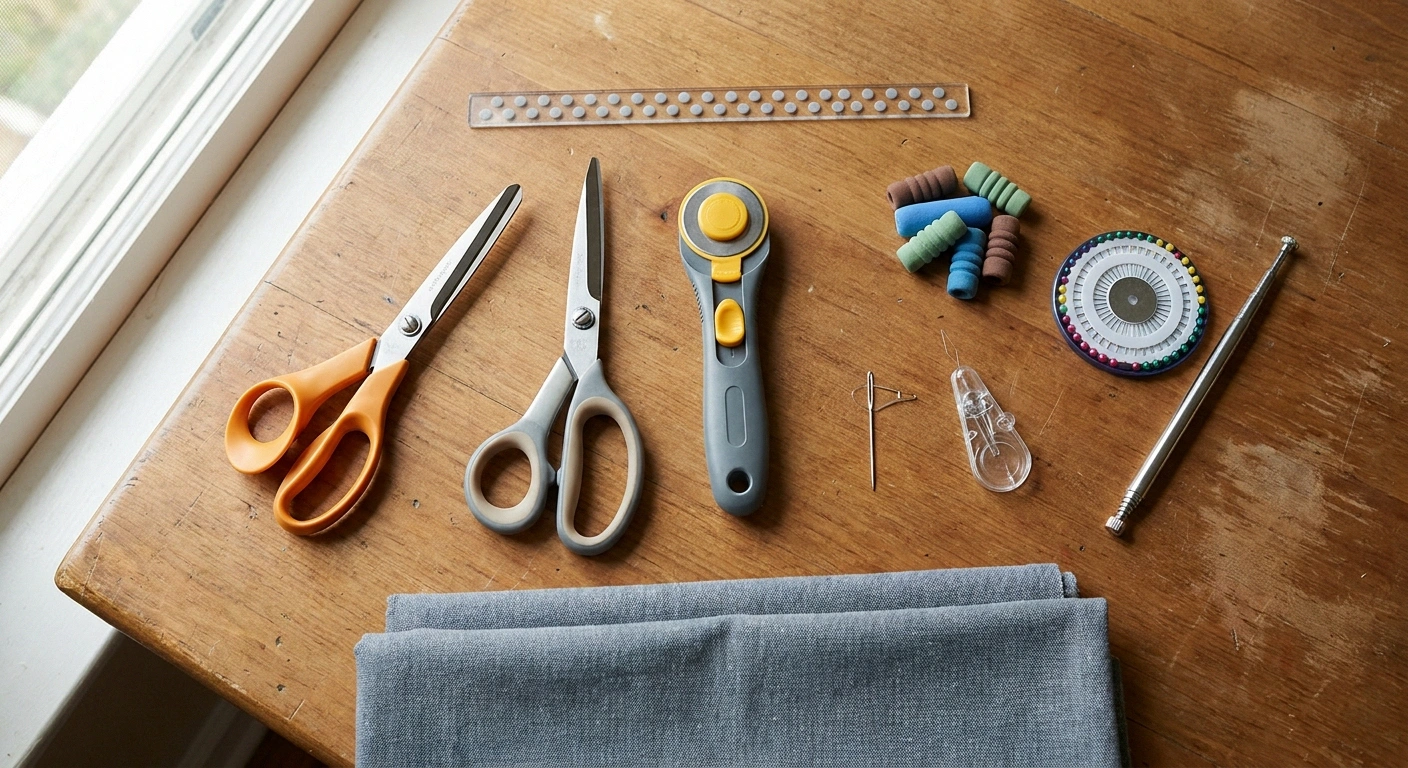 Overhead flat-lay of adaptive sewing tools for neuropathy including spring-loaded scissors, safety-lock rotary cutter, self-threading needle, foam grips, and magnetic pincushion
