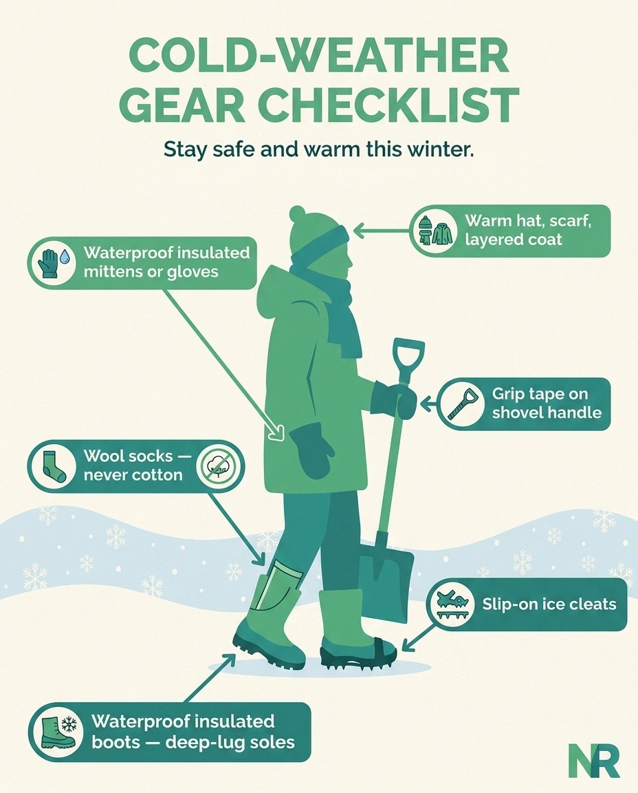 An infographic checklist of the winter dressing layers for shoveling snow with neuropathy — insulated boots, wool socks, ice cleats, waterproof mittens, and grip tape on the shovel handle.