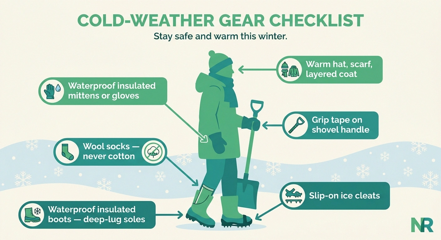 An infographic checklist of the winter dressing layers for shoveling snow with neuropathy — insulated boots, wool socks, ice cleats, waterproof mittens, and grip tape on the shovel handle.