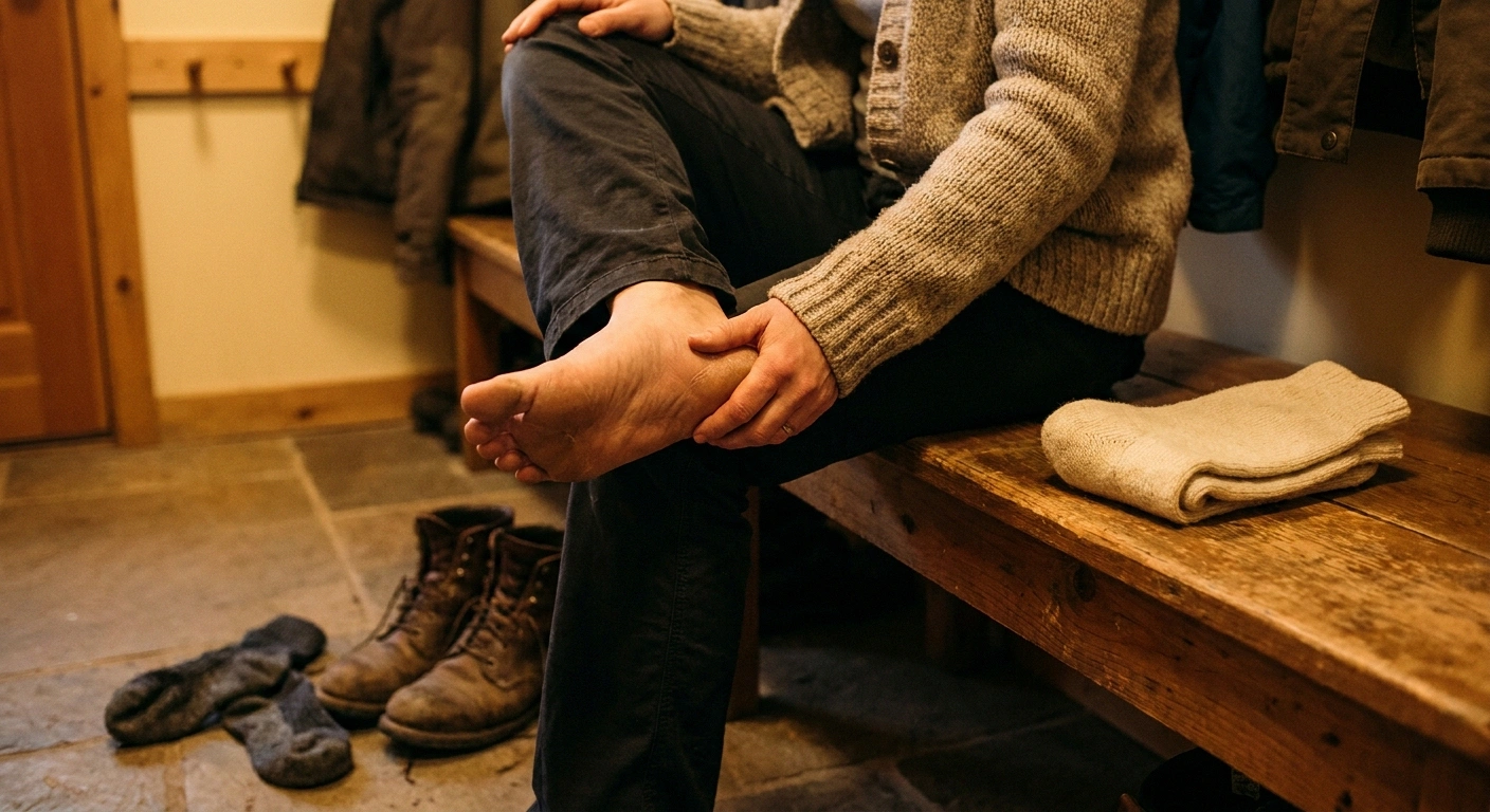 A woman inspects the sole of her bare foot on a mudroom bench after coming inside from shoveling snow — the post-shovel foot-check that people with neuropathy cannot skip.