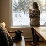 A woman in a cardigan stands at her kitchen window with a coffee mug, looking out at a snow-covered driveway — the moment of deciding whether to shovel snow with neuropathy.