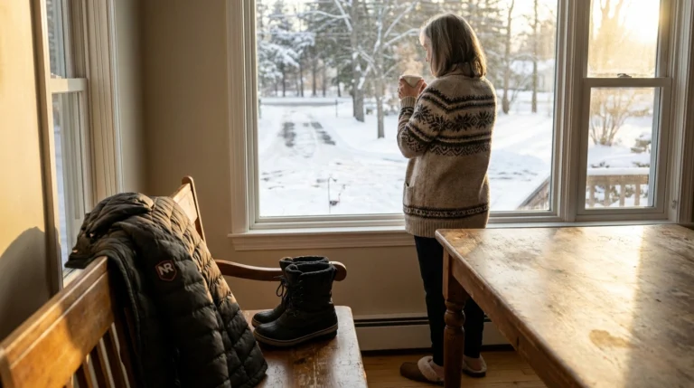 A woman in a cardigan stands at her kitchen window with a coffee mug, looking out at a snow-covered driveway — the moment of deciding whether to shovel snow with neuropathy.
