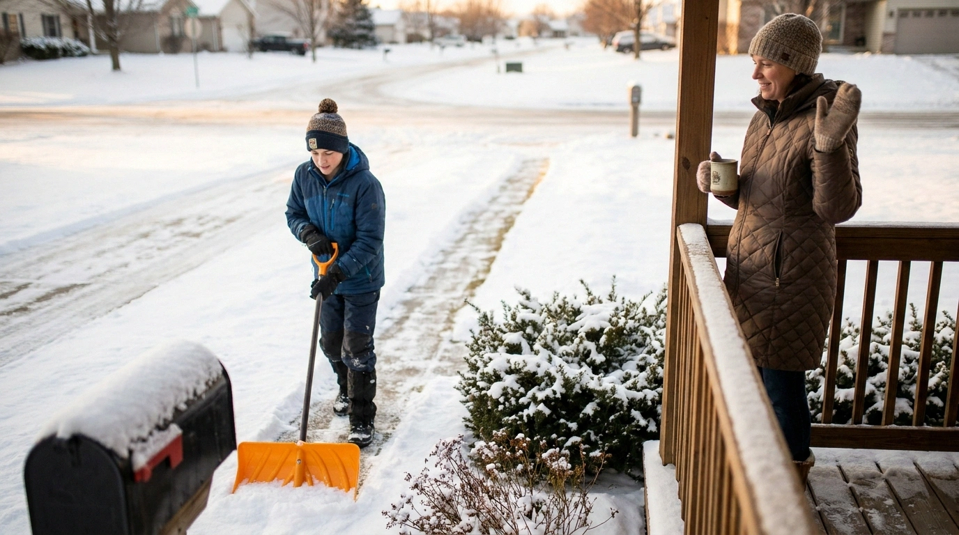A teenage neighbor pushes a snow pusher along a residential driveway while an older woman watches from her porch with a coffee — hiring snow removal out as the smart call for people with neuropathy.