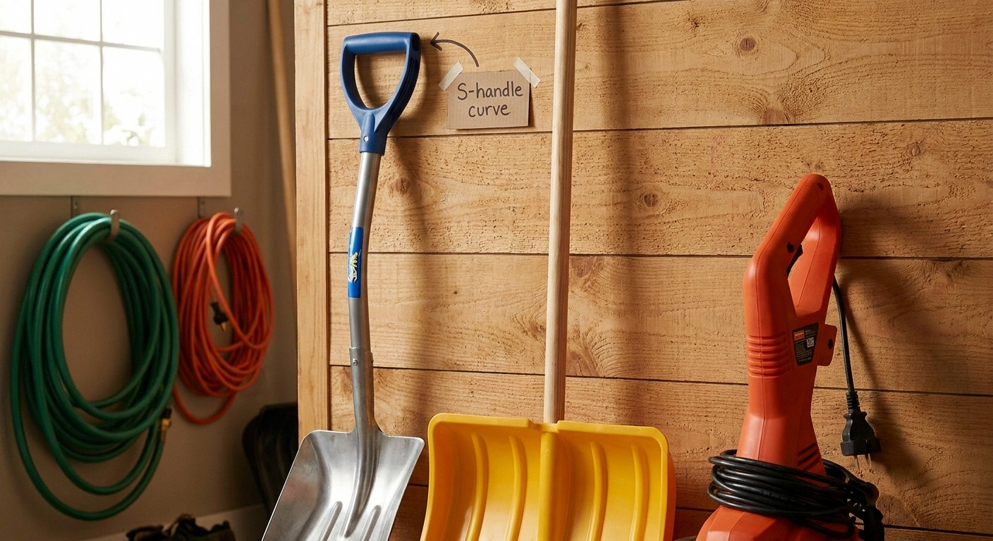 Three side-by-side snow-clearing tools in a mudroom — a bent-shaft ergonomic shovel, a snow pusher, and a small single-stage electric snow blower — the real choices for people with neuropathy.