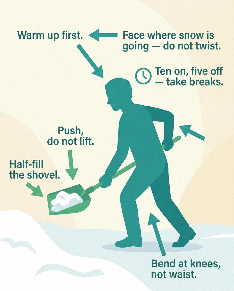 An infographic showing safe snow-shoveling technique for people with neuropathy — warm up, push don't lift, half-fill the shovel, bend at the knees, don't twist, and take breaks.