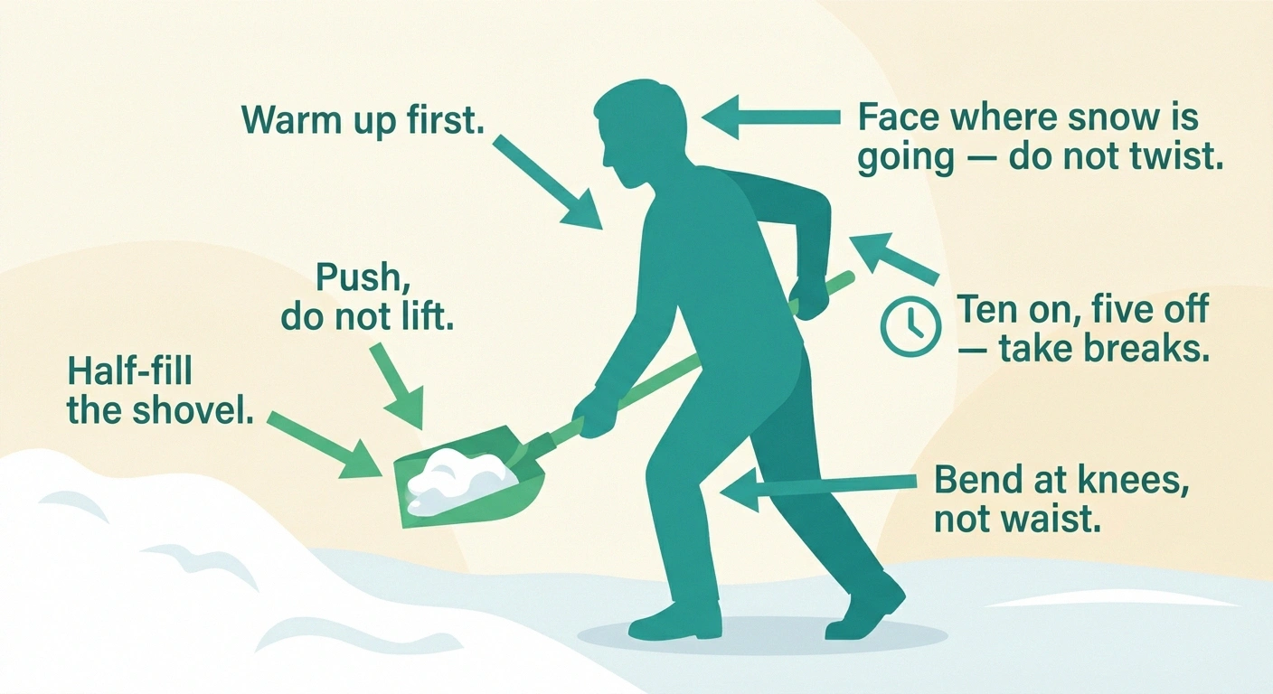 An infographic showing safe snow-shoveling technique for people with neuropathy — warm up, push don't lift, half-fill the shovel, bend at the knees, don't twist, and take breaks.