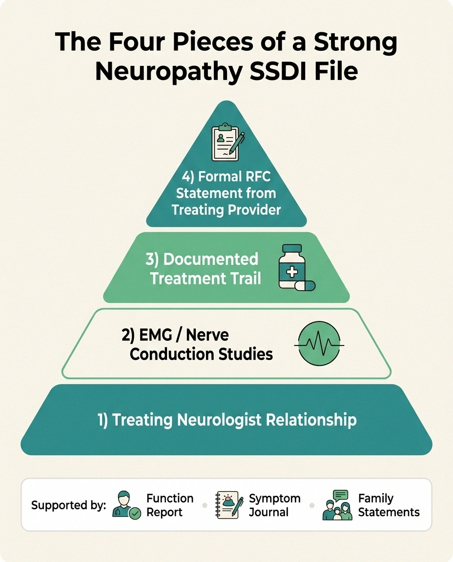 Stacked pyramid infographic showing the four pieces of a strong neuropathy SSDI file from neurologist relationship up to formal RFC statement
