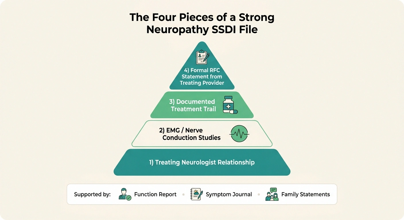 Stacked pyramid infographic showing the four pieces of a strong neuropathy SSDI file from neurologist relationship up to formal RFC statement