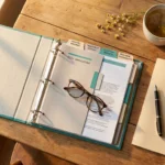 Overhead view of an organized SSDI application binder with tabbed medical records and function report dividers on a wooden table