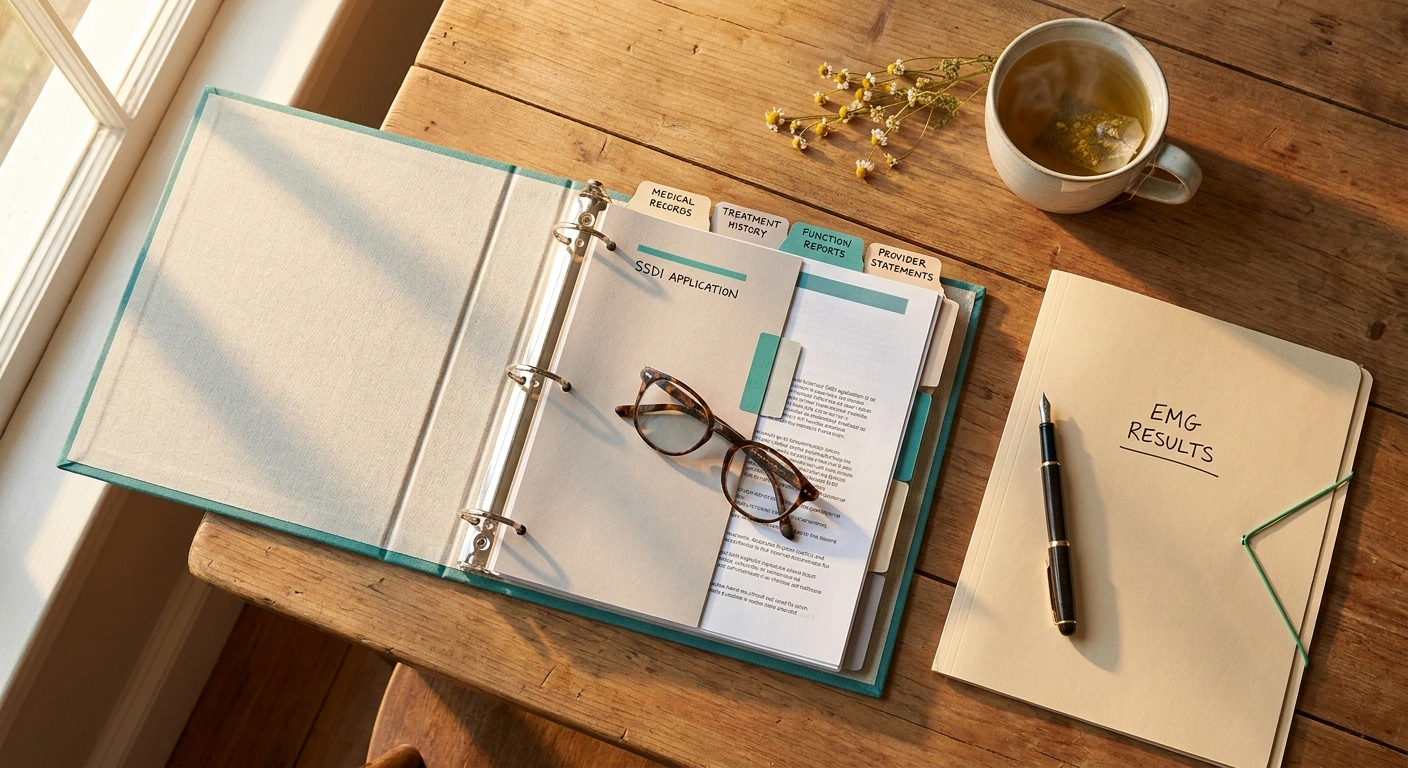 Overhead view of an organized SSDI application binder with tabbed medical records and function report dividers on a wooden table