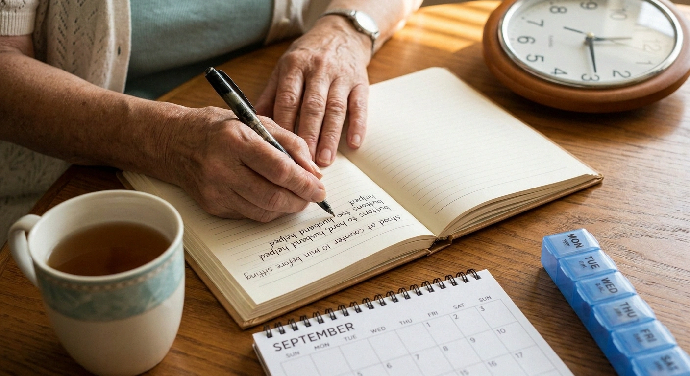 Close-up of older woman writing time-anchored function notes in a journal at a kitchen table for SSDI documentation