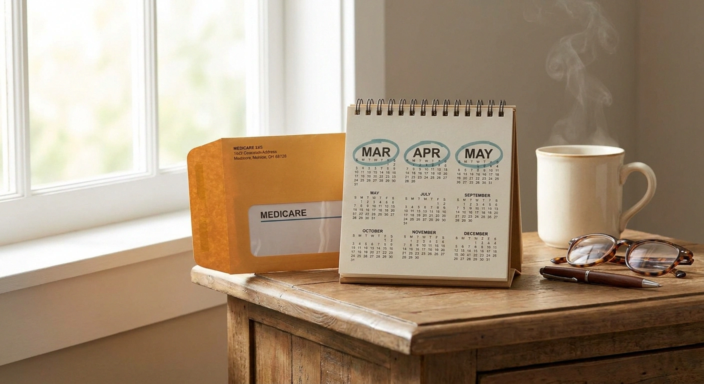 Still-life of Medicare envelope calendar reading glasses and coffee mug representing the post-approval phase of SSDI for neuropathy