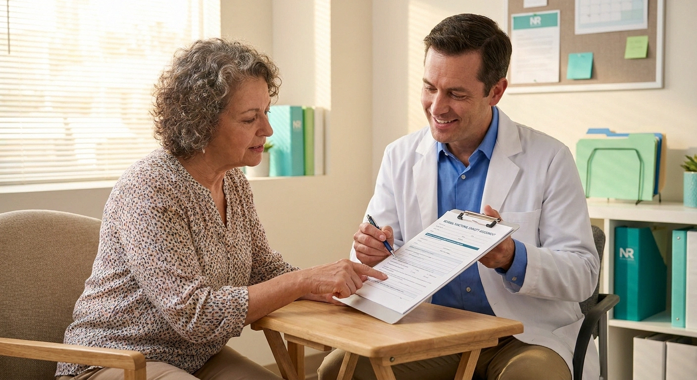 Older woman patient and doctor reviewing a Residual Functional Capacity form together in a calm clinic setting