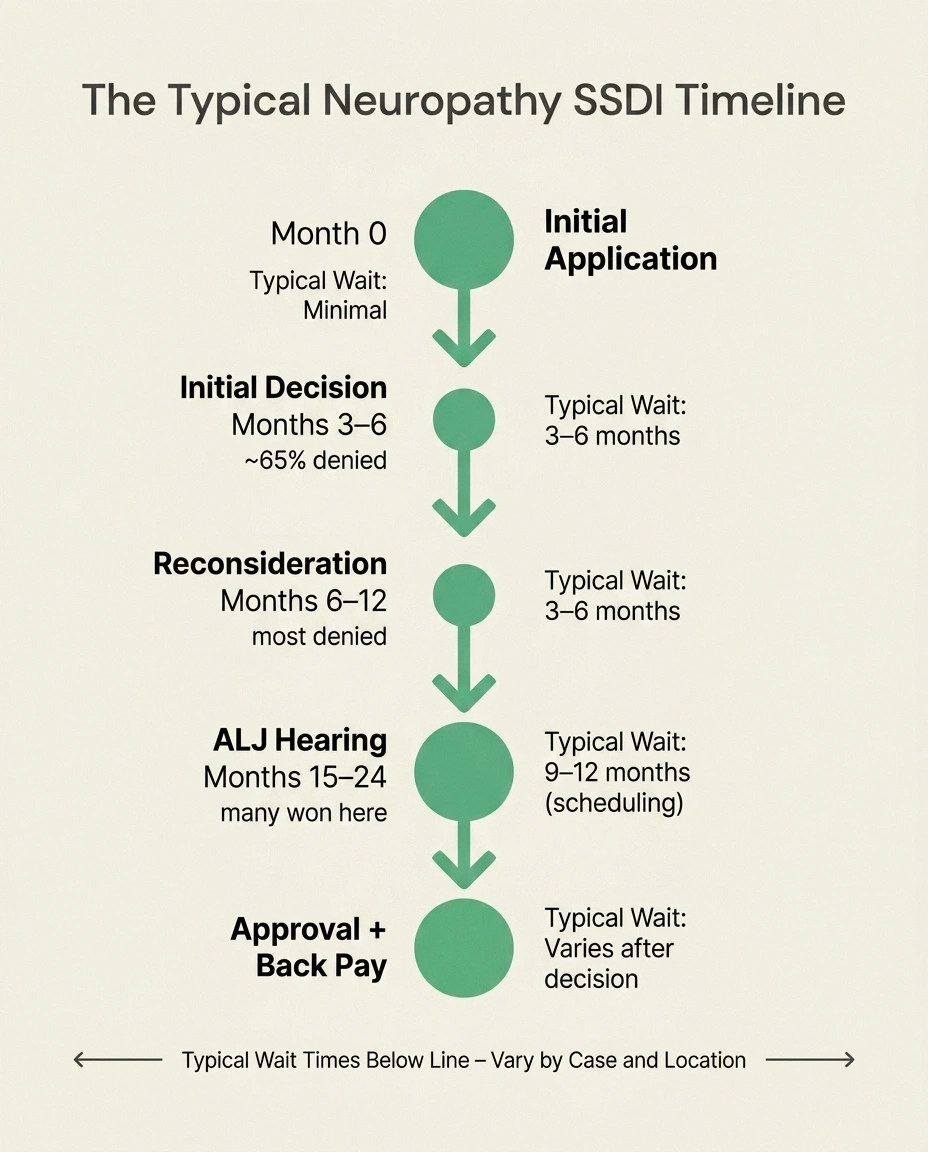 Horizontal timeline showing the typical neuropathy SSDI process from initial application through reconsideration and ALJ hearing to approval