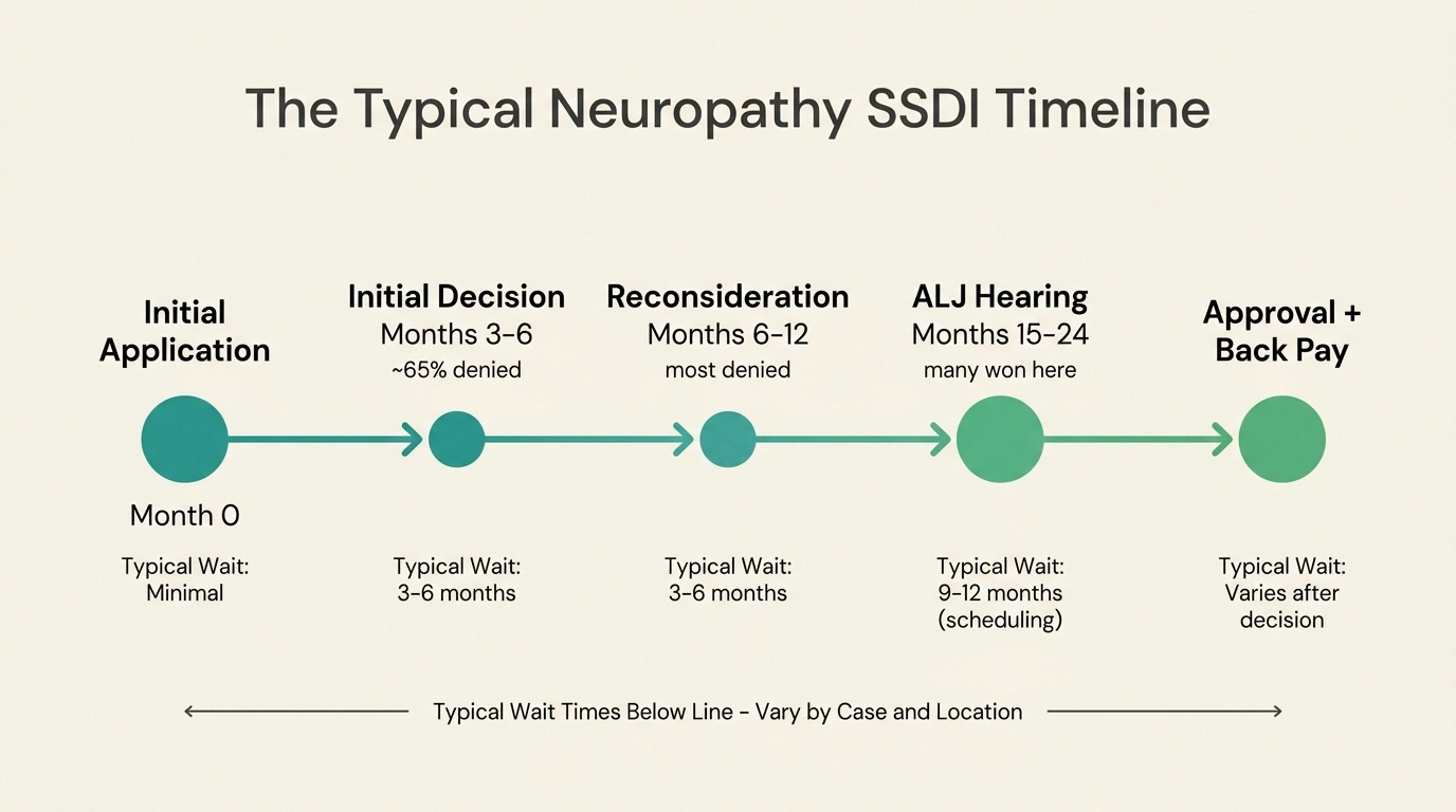 Horizontal timeline showing the typical neuropathy SSDI process from initial application through reconsideration and ALJ hearing to approval